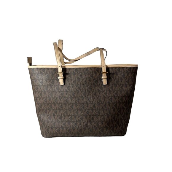 Michael Kors Purse Jet Set Signature Large Zip Up Tote Bag MK Monogram Brown Tan - Picture 9 of 12